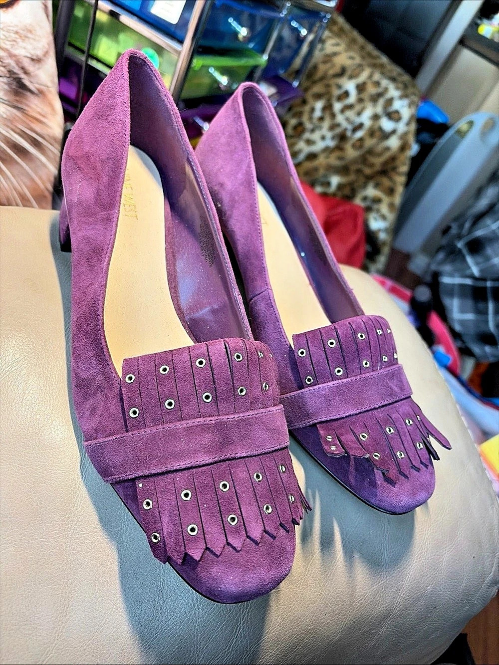 Nine West Purple Suede Leather Embellished Block Heel Pumps Size 10M. New